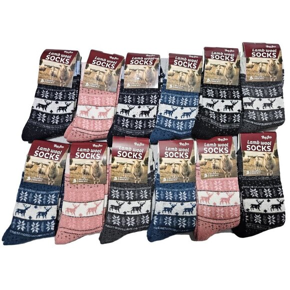 12 Pairs Women Wool Socks Winter Lamb Wool Warm Socks Christmas Reindeers NEW - Picture 1 of 5